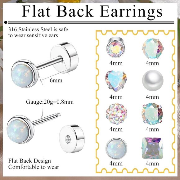 8 Pairs Titanium Surgical Steel Earrings for Women Men Hypoallergenic Flat Back - Picture 2 of 7